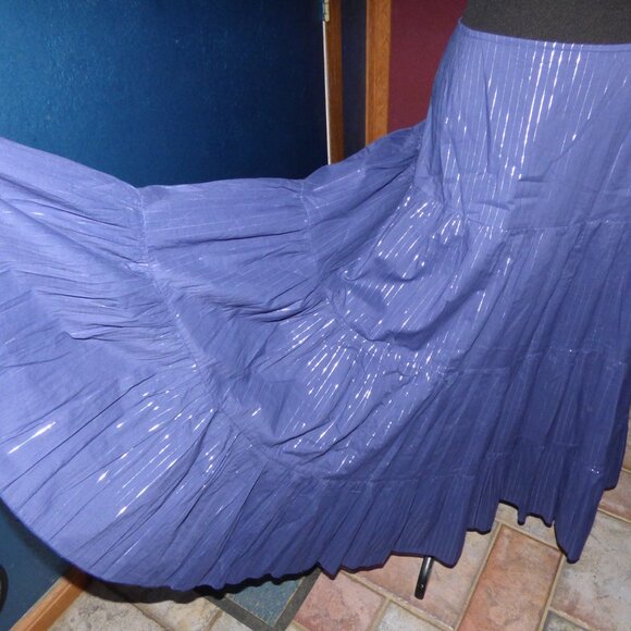 QUIRKY GOTH BOHO FAIRY NAVY BLUE WITH SILVER LUREX STRIPED TIERED MAXI SKIRT 14 - Picture 1 of 8